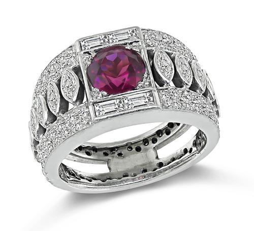 Round Cut Garnet Marquise Round and Baguette Cut Diamond Platinum Ring