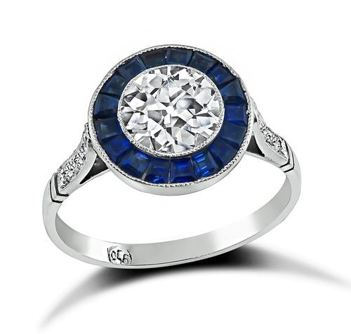 Art Deco Style Old European Cut Diamond Sapphire Platinum Halo Engagement Ring
