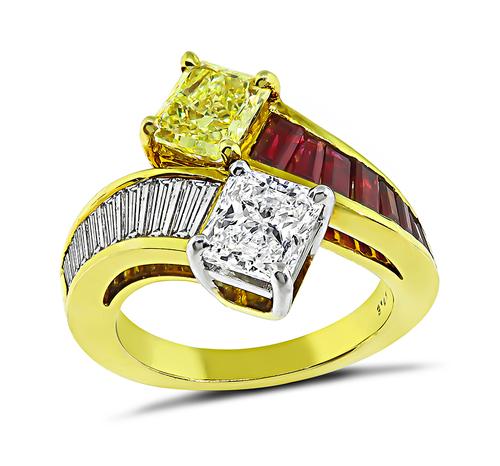 Radiant Cut Diamond and Fancy Yellow Diamond 18k Yellow Gold Ring