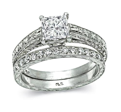Princess Cut Center Diamond Platinum Engagement Ring and Wedding Band Set