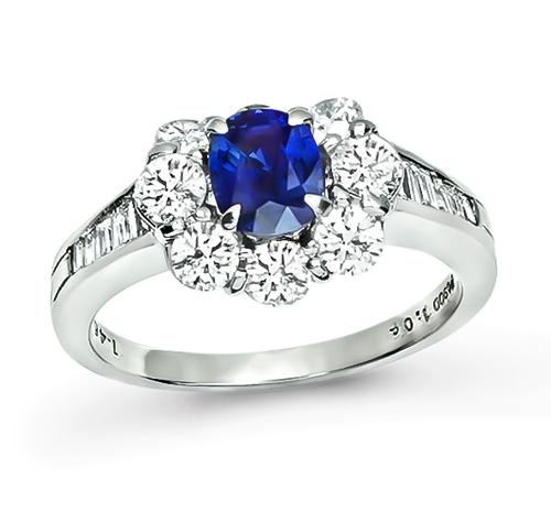 Oval Cut Sapphire Round and Baguette Cut Diamond Platinum Engagement Ring