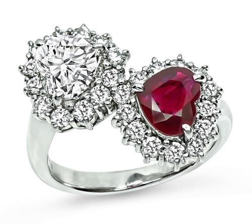 Heart Shape Ruby Heart and Round Cut Diamond Platinum Ring