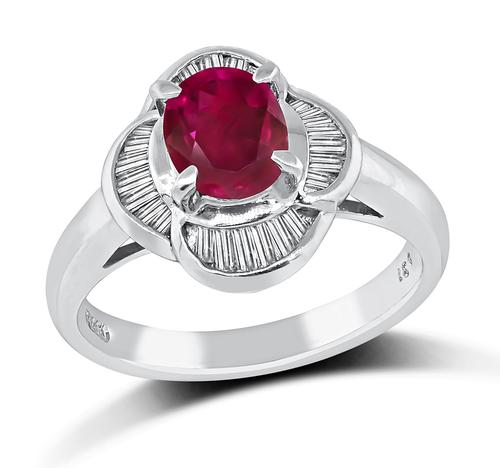 Oval Cut Ruby Baguette Cut Diamond Platinum Ring