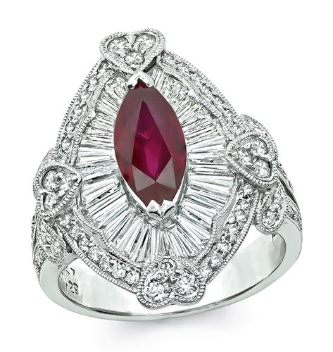 Marquise Cut Ruby Baguette and Round Cut Diamond Platinum Ring