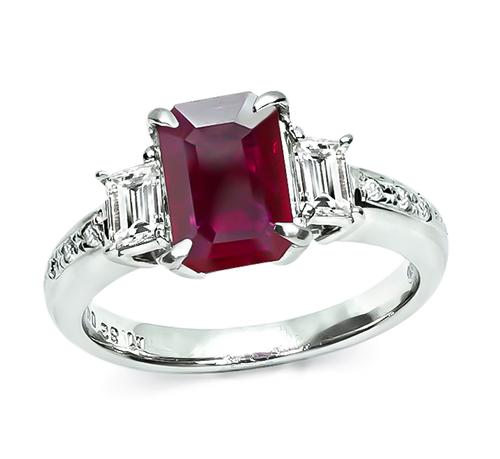 Emerald Cut Ruby Emerald and Round Cut Diamond Platinum Engagement Ring