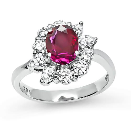 Oval Cut No Heat Ruby Pear and Round Cut Diamond Platinum Engagement Ring