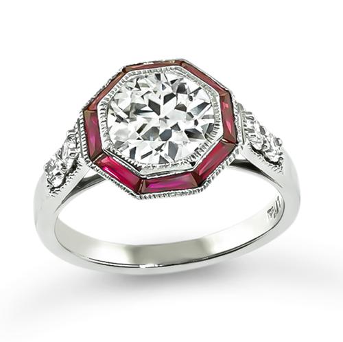 Old European Cut Diamond Ruby Platinum Engagement Ring