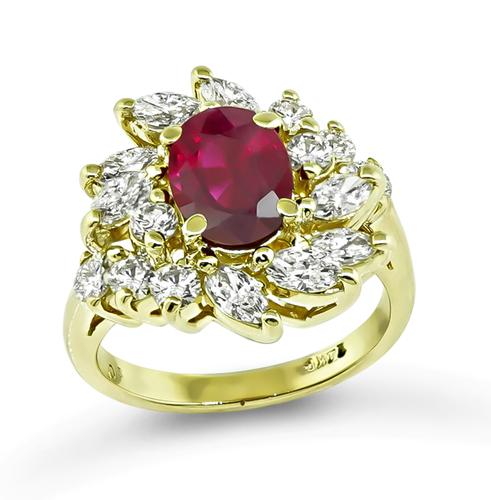 Oval Cut Ruby Marquise and Round Cut Diamond 14k Yellow Gold Ring