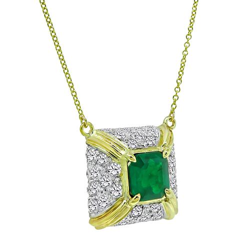 Emerald Cut Emerald Round Cut Diamond 18k Yellow and White Gold Pendant Necklace