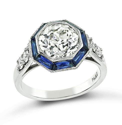 Old European Cut Diamond Baguette French Cut Sapphire Platinum Engagement Ring
