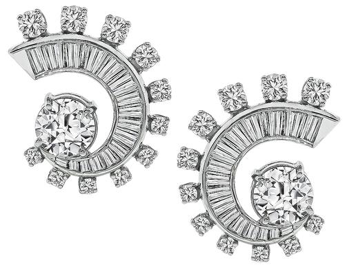 1950s 3.83cttw Old European Round and Baguette Cut Diamond Platinum Earrings