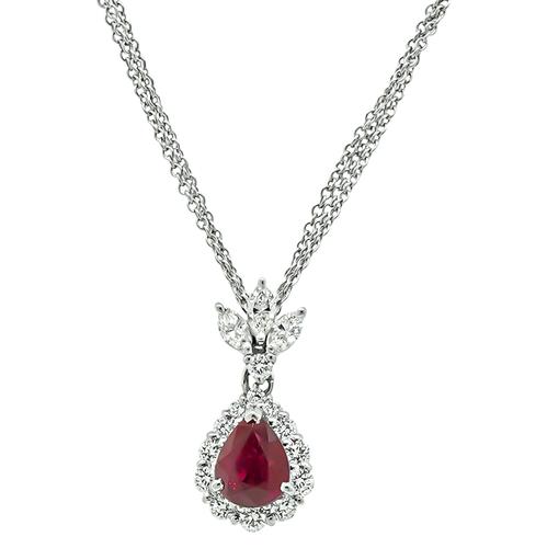 Pear Shape Burma Ruby Marquise and Round Cut Diamond Platinum Pendant Necklace