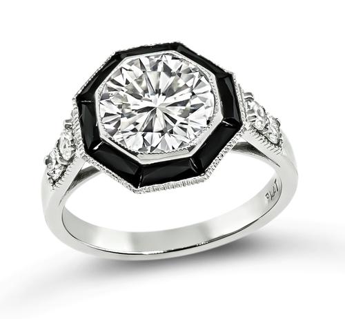 Round Cut Diamond Onyx Platinum Engagement Ring