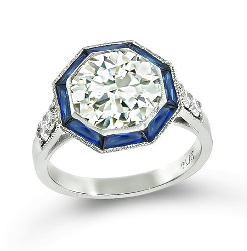 Round Brilliant Cut Diamond Baguette French Cut Sapphire Platinum Engagement Ring