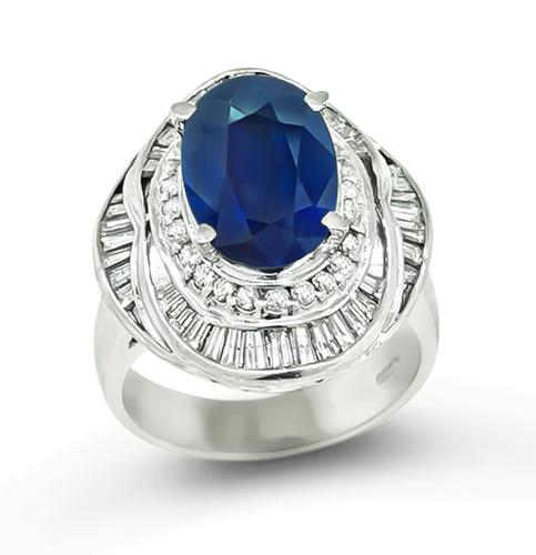 Oval Cut Sapphire Baguette and Round Cut Diamond Platinum Ring