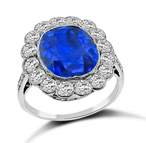 Cushion Cut Sri Lanka Sapphire Old European Cut Diamond Platinum Engagement Ring