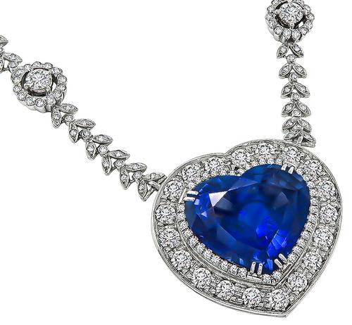 Heart Shape Ceylon Sapphire Round Cut Diamond Platinum Heart Pendant Necklace
