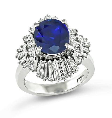 Oval Cut Sapphire Baguette and Round Cut Diamond Platinum Ring