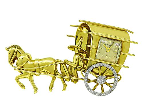 18k Yellow Gold Round Cut Diamond Carriage Watch Pin