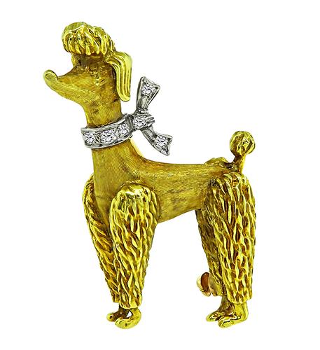 Round Cut Diamond 18k Yellow and White Gold Poodle Pin