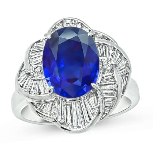 Oval Cut Sapphire Baguette and Round Cut Diamond Platinum Ring