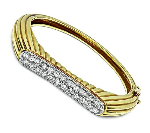 Round Cut Diamond 18k Yellow Gold Platinum Bangle by Oscar Heyman