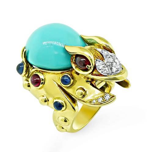 Cabochon Turquoise Sapphire and Ruby Round Cut Diamond 18k Yellow Gold and Platinum Frog Ring by Hammerman Bros