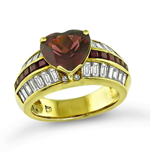 Heart Shape Rubellite Baguette Cut Diamond and Ruby 18k Yellow Gold Ring