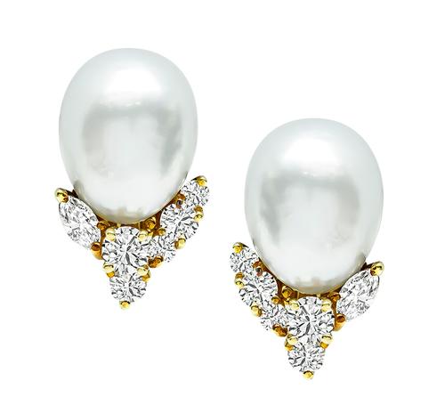 Marquise and Round Cut Diamond Pearl 18k Yellow Gold Earrings by Henry Dunay