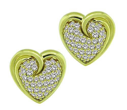 Round Cut Diamond 18k Yellow Gold Heart Earrings by Jose Hess