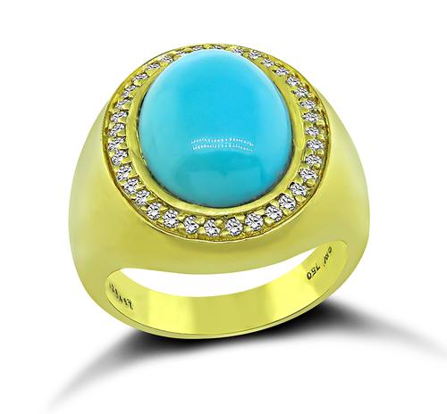 Cabochon Turquoise Round Cut Diamond 18k Yellow Gold Ring by Kurt Wayne