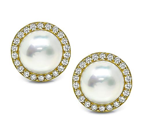 Round Cut Diamond Mabe Pearl 18k Yellow Gold Earrings