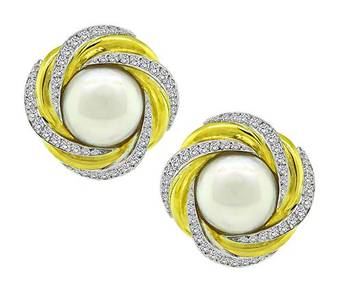 Pearl Round Cut Diamond Two Tone 18k Yellow and White Gold Earrings by Mikimoto