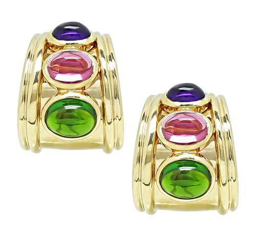Cabochon Peridot Tourmaline and Amethyst 14k Yellow Gold Earrings