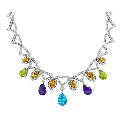 Pear and Marquise Cut Multi Color Gemstone Round Cut Diamond 14k White Gold Necklace