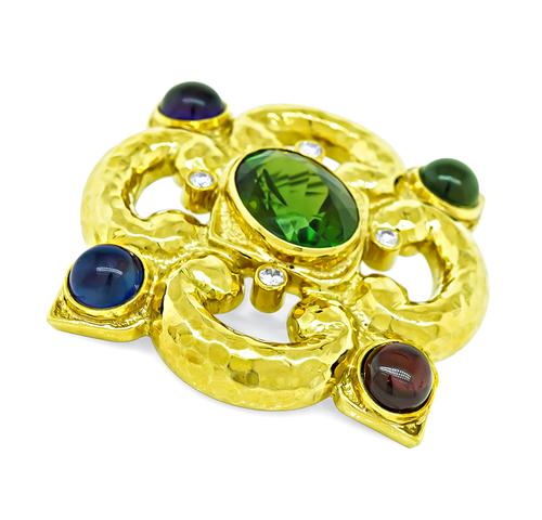 Oval Cut Green Tourmaline Cabochon Multi Color Gemstone Round Cut Diamond 18k Yellow Gold Pin/Pendant