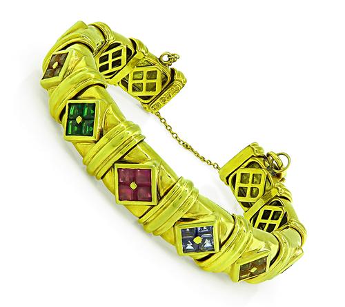 Square Cut Multi Color Gemstone 18k Yellow Gold Bangle