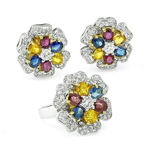 Oval Cut Multi Color Sapphire Round Cut Diamond 18k White Gold Jewelry Set