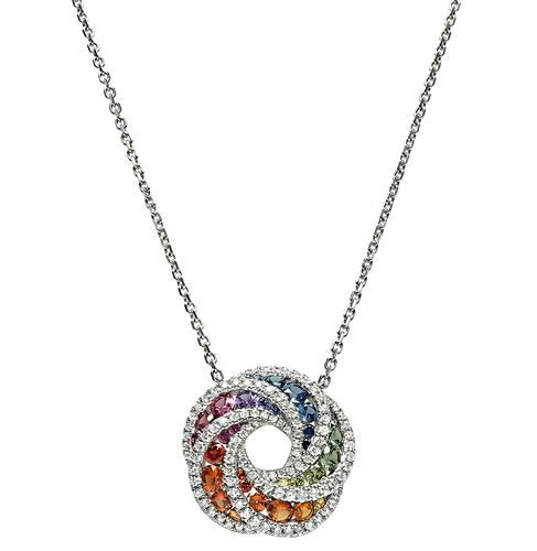 Round Cut Multi Color Sapphire and Diamond 18k White Gold Pendant Necklace