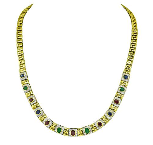 Oval Cut Sapphire Emerald and Ruby Round Cut Diamond 18k Yellow and White Gold Necklace