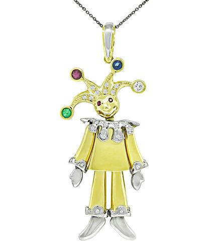 Round Cut Multi Precious Gemstone Diamond 18k Yellow and White Gold Clown Pendant