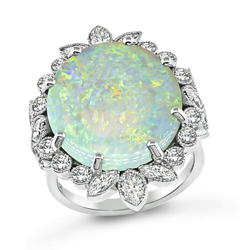 Oval Cut Opal Marquise and Round Cut Diamond 18k White Gold Ring