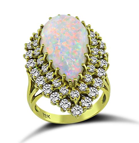 Pear Shape Cabochon Opal Round Cut Diamond 18k Yellow Gold Ring
