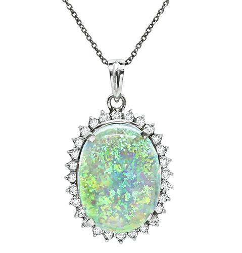 Oval Cut Opal Round Cut Diamond Platinum Pendant