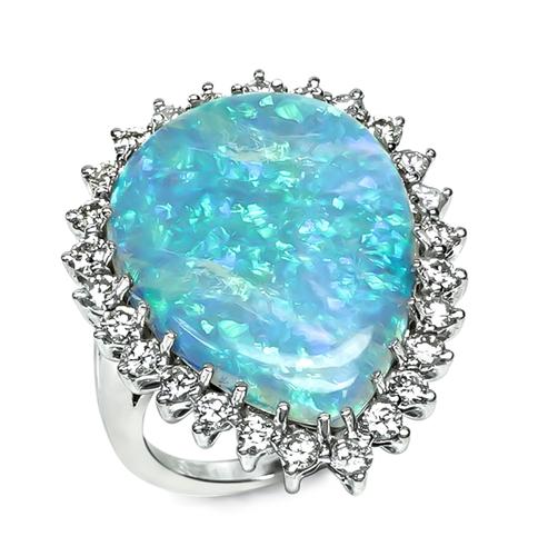 Pear Shape Opal Round Cut Diamond 14k White Gold Ring