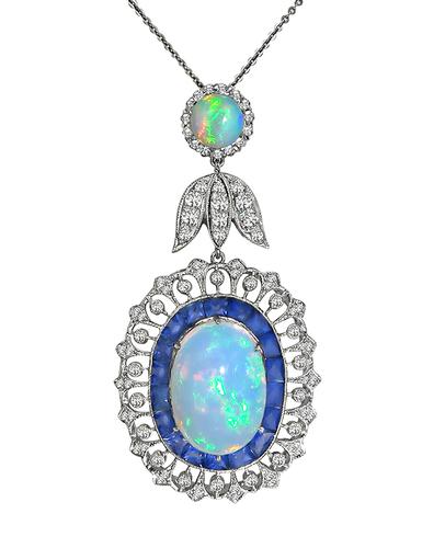 Cabochon Opal French Cut Sapphire Round Cut Diamond 18k White Gold Pendant Necklace