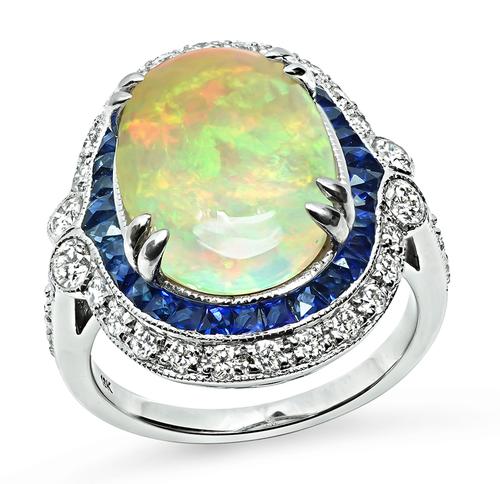 Cabochon Opal French Cut Sapphire Round Cut Diamond 18k White Gold Ring