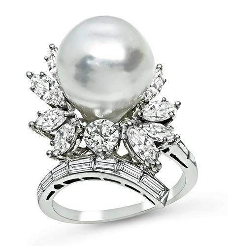 Baguette Marquise and Round Cut Diamond Pearl Platinum Ring
