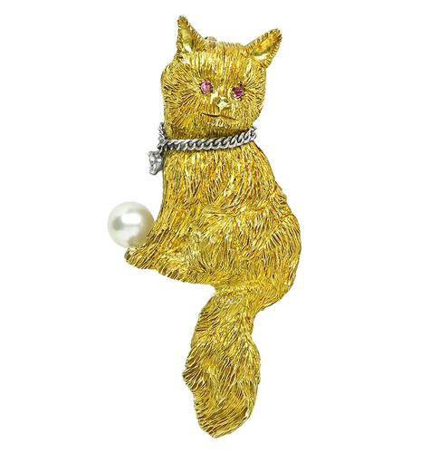 18k Yellow and White Gold Cat Pin