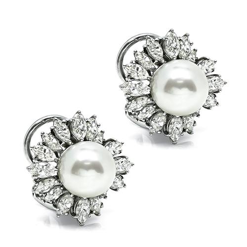 Marquise Cut Diamond Pearl 18k White Gold Earrings